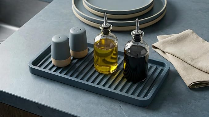 Silicone Sink and Surface Organizer Tray, Sponge Holder, Vanity Tray, Trivet, Heat Safe, Dishwasher Safe, for Bathroom and Kitchen Organization (Smoky Blue, 10"x5.25")