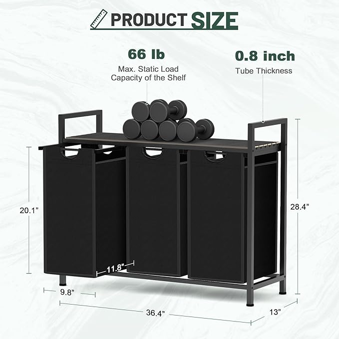 Sonharlar Laundry Hamper, Laundry Sorter with 3 Pull-Out Removable Oxford Fabric Bags Cloth Laundry Basket 3 x 10 Gallons (Charcoal Black)