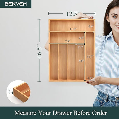 Bamboo Silverware Organizer, Kitchen Drawer Organizer, Utensil Holder, Cutlery Tray & Spoon Flatware Storage with Grooved Drawer Dividers (12.5''W x 16.5''D)