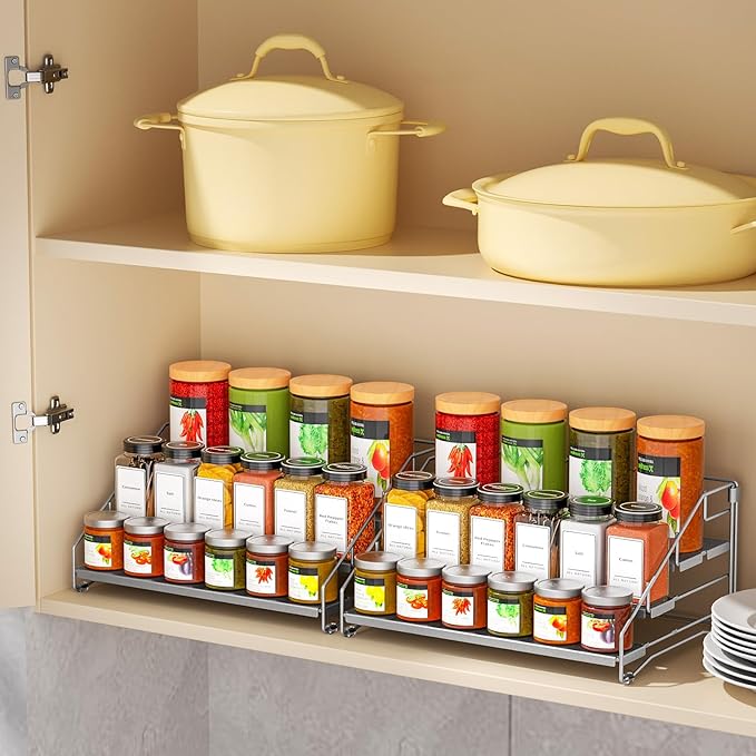 BOIVSHI 4 Tier Spice Rack Organizer for Cabinet, Spice Rack Organizer, Depth Adjustable Spice Organizer for Cabinet, Countertop, Cupboard, Pantry, Seasoning Shelf, Metal, Gray (2 Pack)