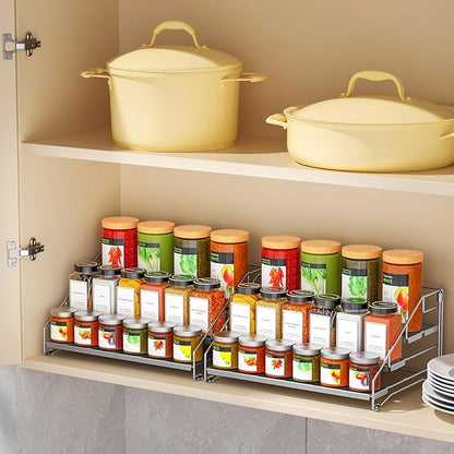 BOIVSHI 4 Tier Spice Rack Organizer for Cabinet, Spice Rack Organizer, Depth Adjustable Spice Organizer for Cabinet, Countertop, Cupboard, Pantry, Seasoning Shelf, Metal, Gray (2 Pack)
