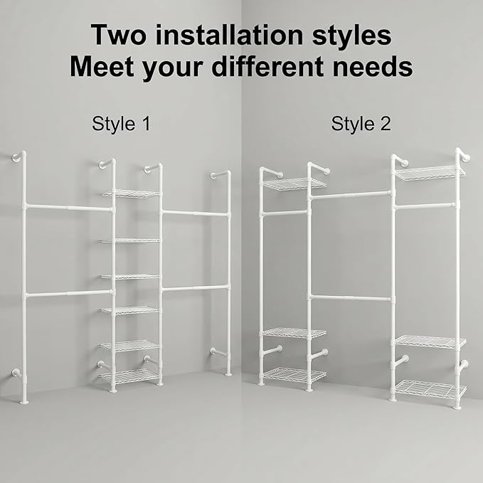 Wall Mounted Closet System – Adjustable Clothing Rack with 4 Expandable Rods & 6 Shelves, Heavy Duty Industrial Pipe Clothes Rack for Closet Organizer and Storage, White