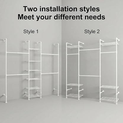 Wall Mounted Closet System – Adjustable Clothing Rack with 4 Expandable Rods & 6 Shelves, Heavy Duty Industrial Pipe Clothes Rack for Closet Organizer and Storage, White