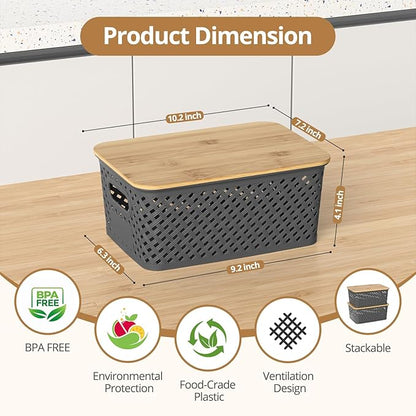 Plastic Storage Bins with Bamboo Lids, Stackable Small Box Baskets for Organizing and Containers for Shelves Drawers Desktop Closet Pantry Classroom Office Home, 6 Pack 10.2x7.2x4.1 Inch, Gray