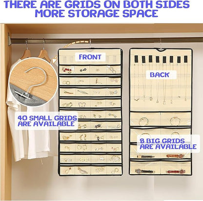Hanging Jewelry Organizer: Necklace & Earring Holder with Pockets for Closet, Wall or Door (Grey)