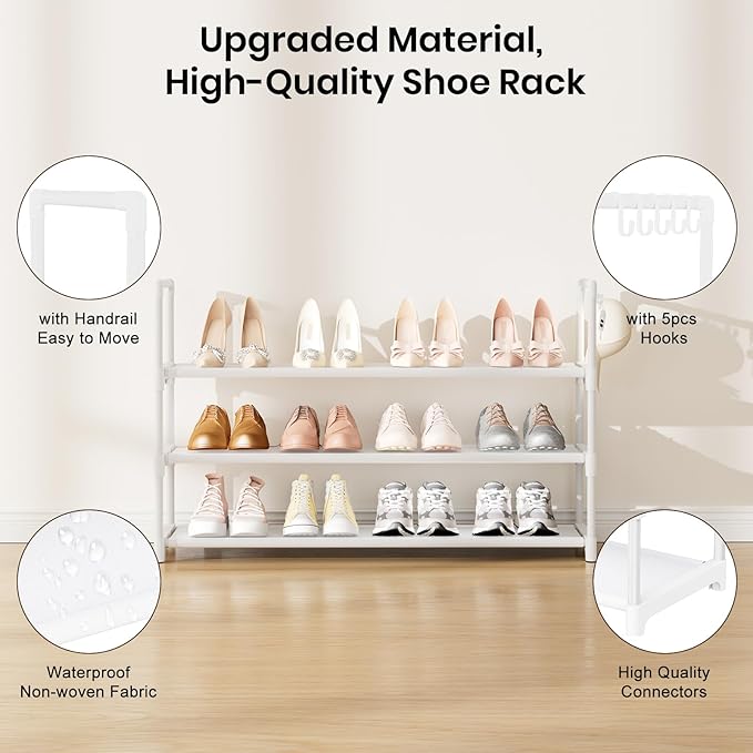 VILICK Shoe Rack for Closet Shoe Organizer Space Saver Storage for 12-15 Pair Shoe Shelf with Hook Free Standing 3 Tier Shoe Rack Organizer for Entryway, Small Spaces, White