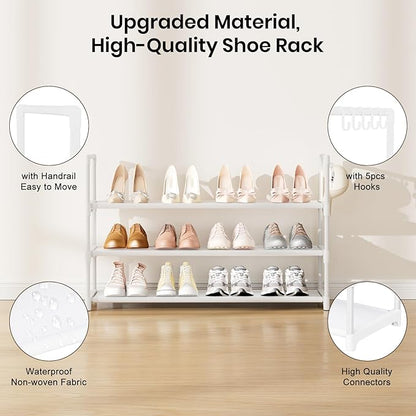 VILICK Shoe Rack for Closet Shoe Organizer Space Saver Storage for 12-15 Pair Shoe Shelf with Hook Free Standing 3 Tier Shoe Rack Organizer for Entryway, Small Spaces, White