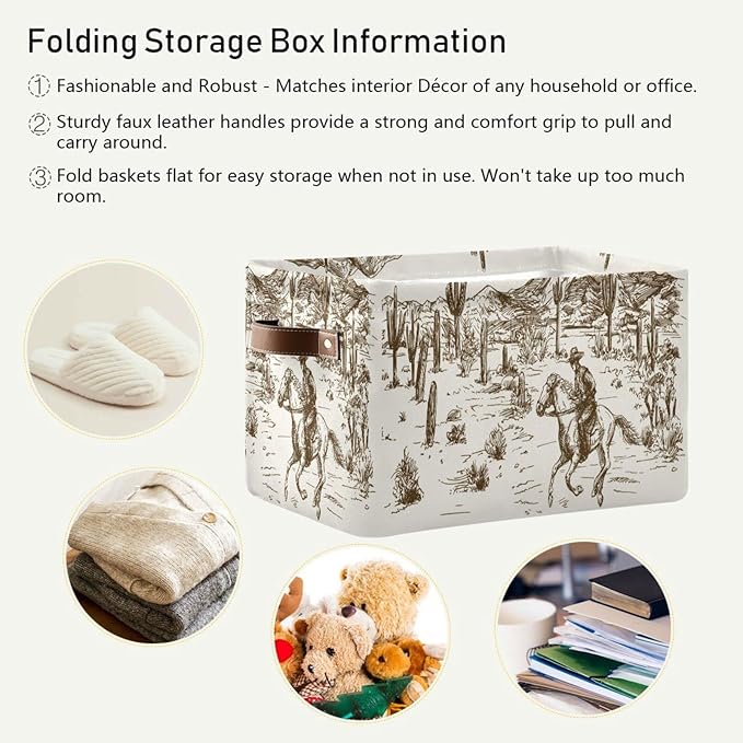 Kigai Western Cowboy Storage Basket Collapsible Rectangle Storage Bin Shelves Basket Organizer with Leather Handle for Closet, Office, Nursery, Home Decor
