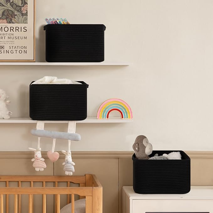 4 Pack Storage Baskets for Organizing Toys, Towels, and Clothes, Woven Basket for Shelves, Sturdy Nursery Cube Bins for Storage, 13''L x9''W x7.8''H, Black