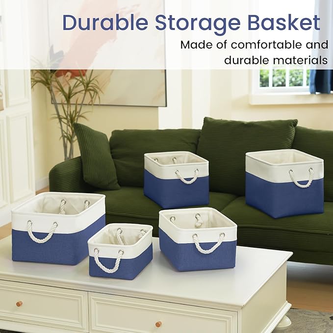 Storage Baskets for Shelves 13.8x9.8x6.7 Inch, Foldable Fabric Storage Bins with Handles, Small Storage Baskets for Organizing Closet, Office, Home Organization (6-Pack, White&Blue)