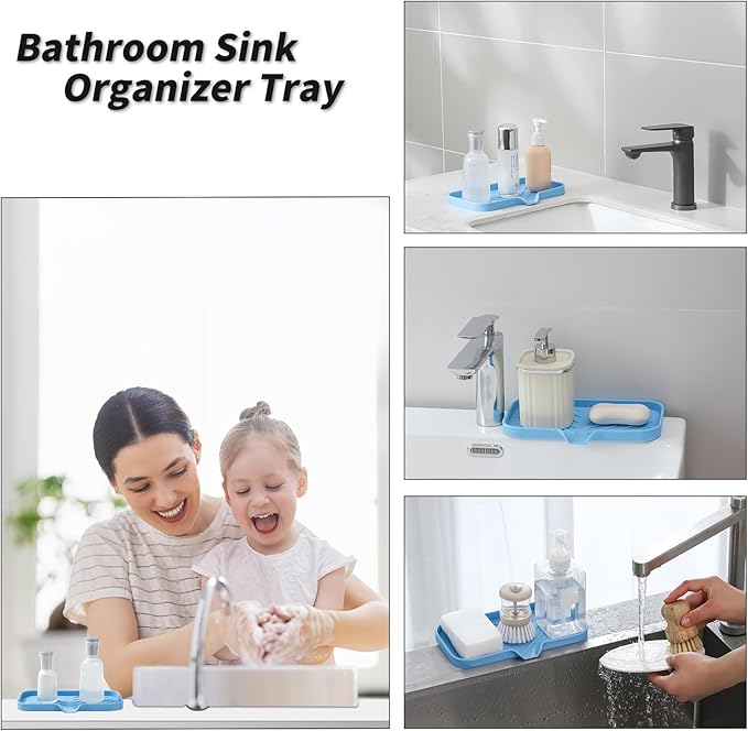 MicoYang Silicone Bathroom Soap Dishes with Drain Spout-Bathroom and Kitchen Sink Organizer,Sponge Holder,Dish Soap Tray,Perfect for Dispenser,Scrubber,Bottle on Sink or Counter-Light Blue 9.6"×5.3"