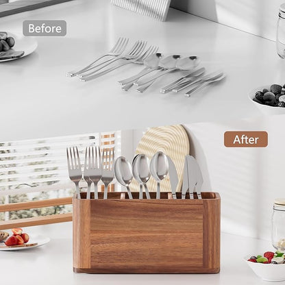 Silverware Holder, Acacia Wood Utensil Holder for Party, Silverware Organizer Countertop, Picnic Caddy for Party, Countertop, Camping