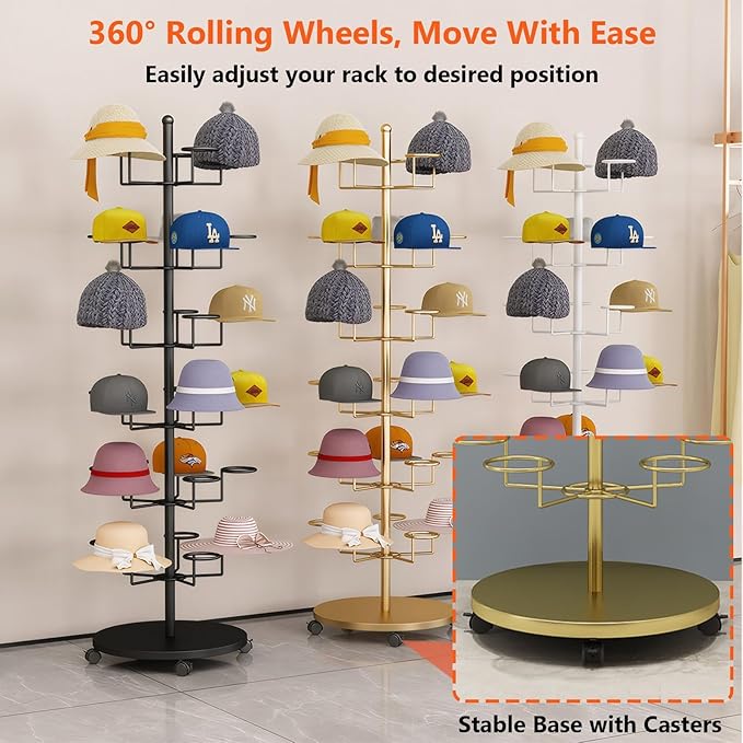 8 Tier Hat Rack with 40 Hooks for Hanging Hats or Wigs, Freestanding Hat Rack Stand, Metal Hat Organizer Rack, Rolling Retail Hat Display Rack for Home/Store (Black,8 Tier)