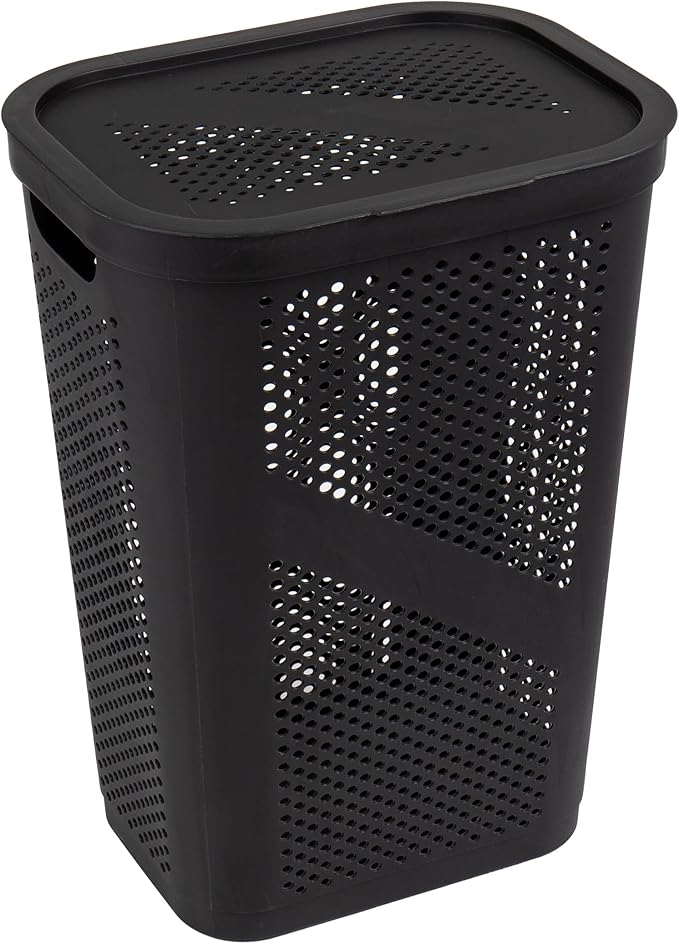 Mind Reader Slim Laundry Hamper with Lid, 60L Clothes Basket, Ventilated Plastic, Black