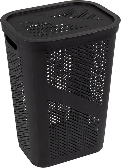 Mind Reader Slim Laundry Hamper with Lid, 60L Clothes Basket, Ventilated Plastic, Black