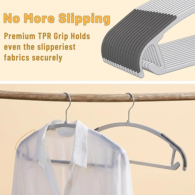 Arc Design No Shoulder Bump Plastic Hangers 30 Pack, Ultra Thin Non-Slip Hangers for Clothes, Heavy Duty Clothes Hangers, 360° Swivel Silver Hook-Space Saving Closet Organizer (Grey)