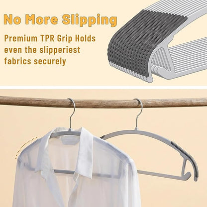 Arc Design No Shoulder Bump Plastic Hangers 30 Pack, Ultra Thin Non-Slip Hangers for Clothes, Heavy Duty Clothes Hangers, 360° Swivel Silver Hook-Space Saving Closet Organizer (Grey)