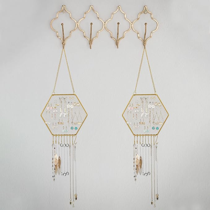 Jetec 2 Pcs Earring Wall Holder Wall Mounted Earring Organizer Hanging Jewelry Stand Decorative Diamond Grid Shape Display Rack with Hooks for Earrings Necklace Bracelet(Gold)