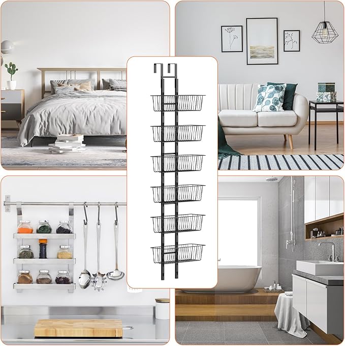 6 Tier Over the Door Pantry Organizer, Over the Door Spice Rack with Adjustable Baskets, Metal Hanging Door Pantry Organizers and Storage for Kitchen Bathroom Bedroom, Black