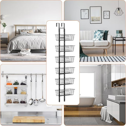 6 Tier Over the Door Pantry Organizer, Over the Door Spice Rack with Adjustable Baskets, Metal Hanging Door Pantry Organizers and Storage for Kitchen Bathroom Bedroom, Black