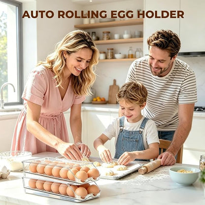 Egg Holder for Fridge,Automatic Rolling Egg Container for Refrigerator,2 Pack Clear Stackable 28-Count Egg Organizer with Lid, Fridge Organizers and Storage