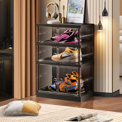 CIMLORD 3 Tier Foldable Shoe Rack for Closet Entryway 3-6 Pairs Stackable Clear Shoe Storage Boxes with Lids Small Shoes Shelf with Door Plastic Organizer Cabinet Easy Assembly Black