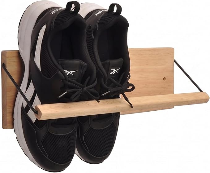 Shoe Rack with Dowel, Wall Hanging Shoe Storage, Organize for Sneaker, Slipper, Boots in Entryway, Hallway, Trailer, RV, Solid Wood_ Beige