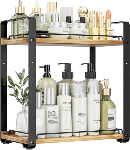 Delamu 2-Tier Bathroom Counter Organizer, Wood Vanity Organizer Countertop for Skincare & Makeup, Multi-Purpose Vanity Bathroom Shelf for Coffee Station Kitchen Storage and Organization