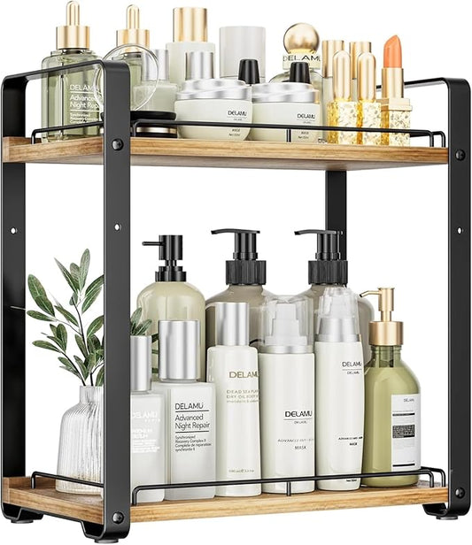 Delamu 2-Tier Bathroom Counter Organizer, Wood Vanity Organizer Countertop for Skincare & Makeup, Multi-Purpose Vanity Bathroom Shelf for Coffee Station Kitchen Storage and Organization