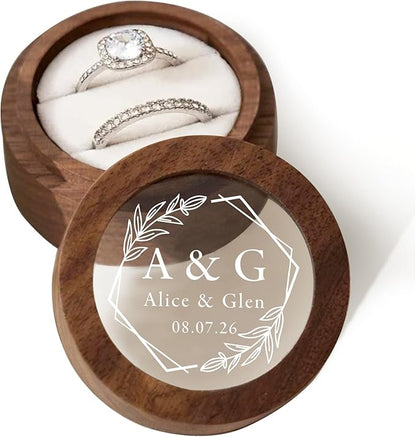 EDSG Personalized Wedding Ring Box, Engraved Wooden Engagement Ring Bearer Box with Any Text, Custom Wedding Day Gifts for Her Him Anniversary Proposal (White, Design 5)
