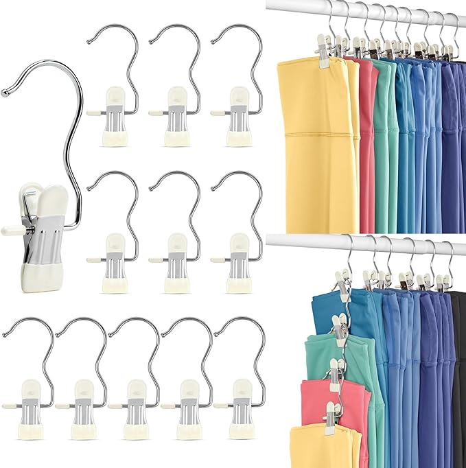 HOUSE DAY Legging and Yoga Pants Hangers with Clips 60 Pack, Closet Organizer Clips, Space Saving Hanging Clips for Hat, Bag, and Home Storage - Ivory