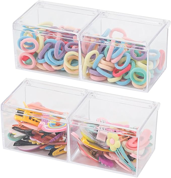 2 Pack Bathroom Container with Divider, Plastic Vanity Storage Canister Jars with Lid for Cotton Balls, Makeup Pads, Cosmetics Sponges, Floss Picks, Clear Desk Drawer Organizer Box