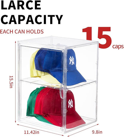 Hat Organizer Box,Hat Display Case,Stackable Clear Baseball Caps Storage Box Containers with Double-Sided Magnetic Door,Holds 15 Hats (XXL-1Pack-with Divider)
