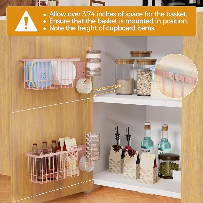 4 Pack Adhesive Cabinet Door Organizer - Tumbler Lid Organizer & Kitchen Storage baskets for Kitchen, Bathroom, Inside Cabinet Door Storage for Cup Lids, Spices, Small Supplies, Space-Saving (Pink)