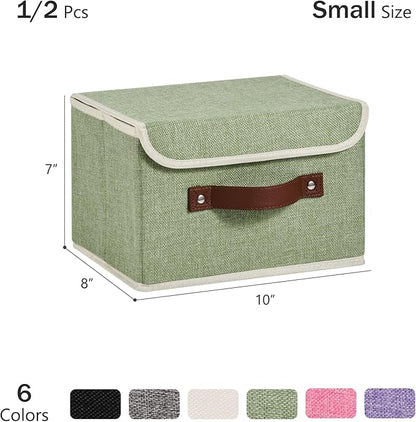 Storage Bins Box with Lids Decorative Cotton Linen Fabric Baskets Cubes with Handles PP Plastic Board Foldable Washable Lidded Clothing Shelf Closet Organizer Container (Light Green, Small)