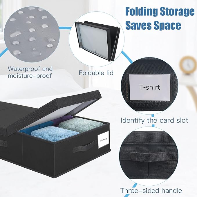 Supowin Underbed Storage Containers Bin with Lids (Set of 2) Large Under Bed Storage Organizer Box with Handle, Foldable Under the Storage Bags for Organizing Clothes, Shoes, Blankets, Pillows-Black