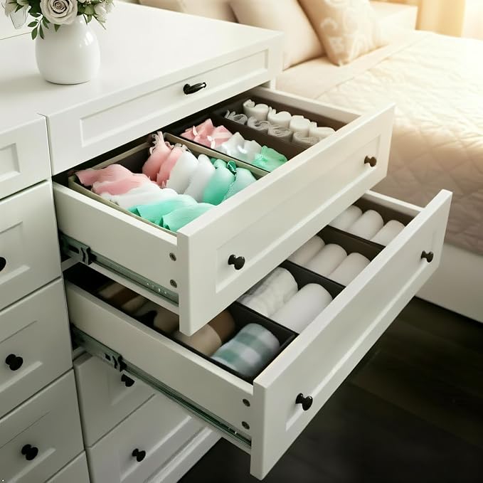 Bructhun Foldable Fabric Drawer Organizer Set 4 Pack Dresser Dividers - Sock Underwear Storage Bins Gray