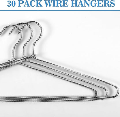 GlikCeil 30 Pcs Fabric Wrapped Metal Hangers Covered Wire Hanger Metal Coat Hangers Non Slip for Clothes Closet Clothing Suit Shirt Pant (Black and White,Stripe Style)