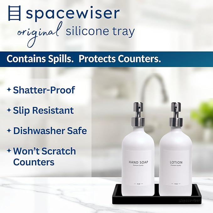 Spacewiser Countertop and Vanity Tray – Small 7.7” Silicone Tray, Soap Dispenser Trays, Bathroom Trays, Kitchen Soap Holder Sink Organizer Counter Caddy for Soaps Bottle Keys, Sponge Holder Dish Black