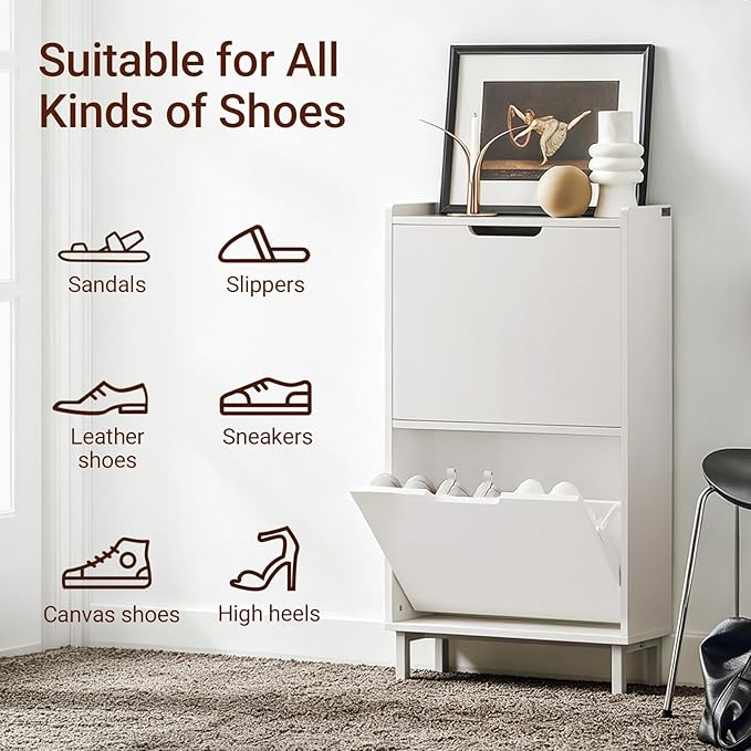 Haotian Slim Shoe Cabinet Entryway, Hidden Shoe Storage with Two Flip Drawers to Save Space, Freestanding Shoe Rack for Front Door, Entryway, Hallway (White)