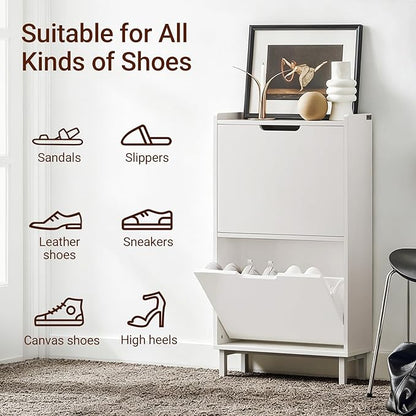 Haotian Slim Shoe Cabinet Entryway, Hidden Shoe Storage with Two Flip Drawers to Save Space, Freestanding Shoe Rack for Front Door, Entryway, Hallway (White)