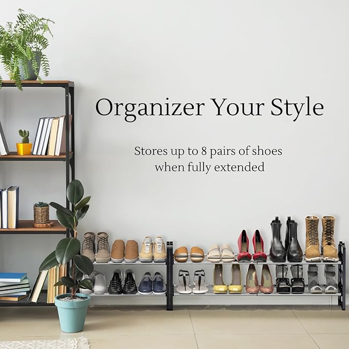 Simple Houseware 2-Tier Expandable (18''-34'') and Stackable Shoe Racks with Shelves for 8 Pairs of Shoes, Black