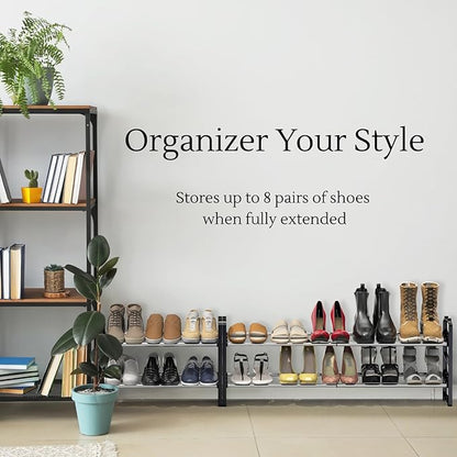 Simple Houseware 2-Tier Expandable (18''-34'') and Stackable Shoe Racks with Shelves for 8 Pairs of Shoes, Black
