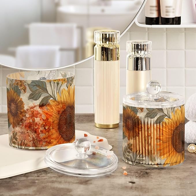 2 Pack Qtip Dispenser Apothecary Jars with Lids Cotton Round Holder Bathroom Canisters for Cotton Swab Floss Ball Pads Clear Plastic Decorative Vintage Bees Sunflowers Daisy