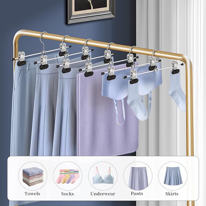 Pants Hangers with Wide Clips 50 Pack Adjustable Skirt Hangers for Women Non-Slip Clothes Hanger for Pants Heavy Duty Space Saving Trousers Hanger for Jeans,Shorts Black,12Inch