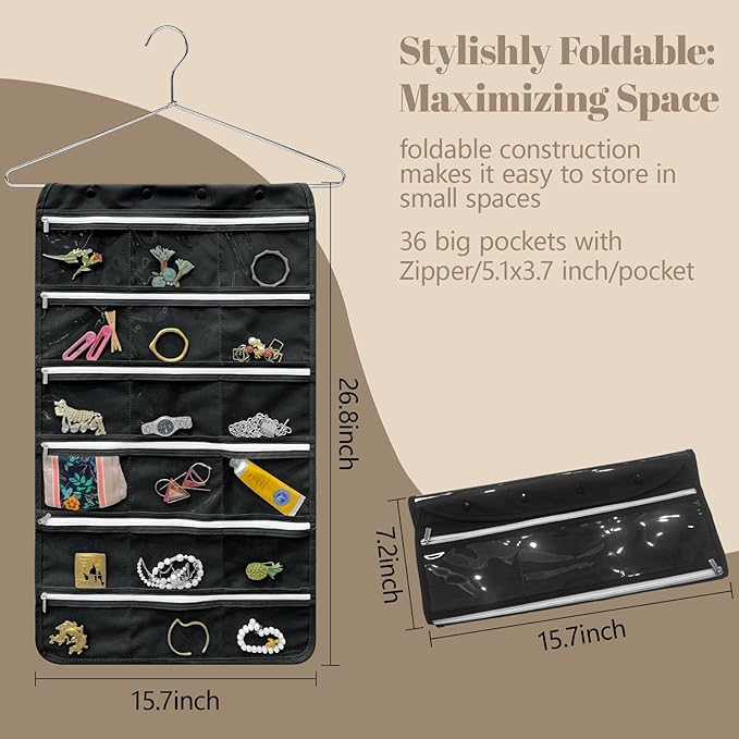 Bloss Hanging Jewelry Organizer, Black Earring Travel Storage Holder with 36 Zippered Pockets for Suitcase, Closet, Foldable Roll Case
