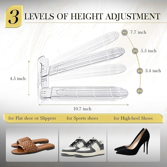 Shoe Slots Organizer 15 Pack - Shoe Stackers,3 Levels Adjustable,Space Savers 50%,Double Layer Holders for Closet (Transparent),Organizador de Zapatos