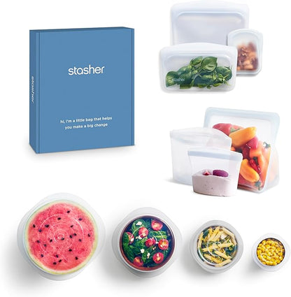 Stasher Silicone Reusable Storage Bags & Stretch Lids, 10-Pack Starter Kit, Reusable Freezer Bags, Microwave, Dishwasher, Oven Safe, Sous Vide, Lunch Containers, Eco Friendly, Food Storage Bags, Clear | Reusable Food Bags