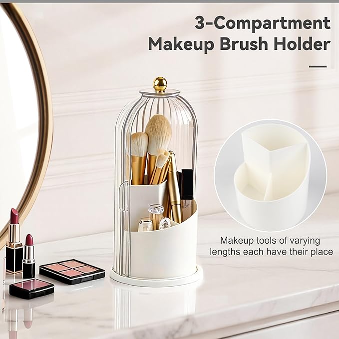 Hvygss 360° Rotating Makeup Brush Holder with Lid, Waterproof Three-Compartment Makeup Organizer, 180° Side-Pull Door Desk Organizer, Dustproof Brush Holder for Vanity and Bathroom (Transparent)