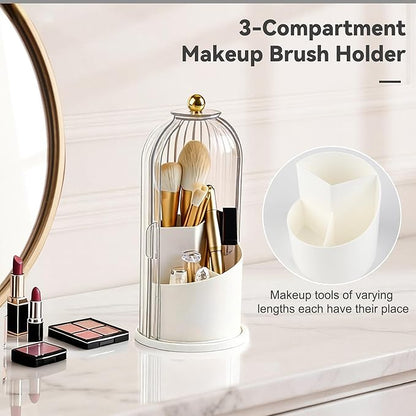 Hvygss 360° Rotating Makeup Brush Holder with Lid, Waterproof Three-Compartment Makeup Organizer, 180° Side-Pull Door Desk Organizer, Dustproof Brush Holder for Vanity and Bathroom (Transparent)
